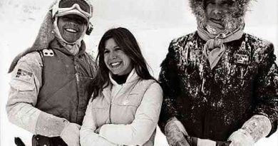 (L-R) Mark Hamill, Carrie Fisher, and Harrison Ford on the set of Empire Strikes Back