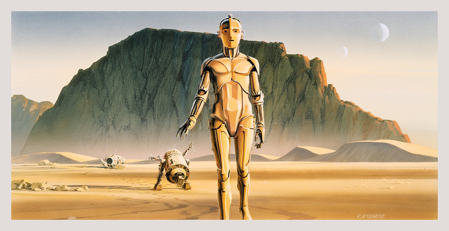 McQuarrie production painting of Threepio and Artoo