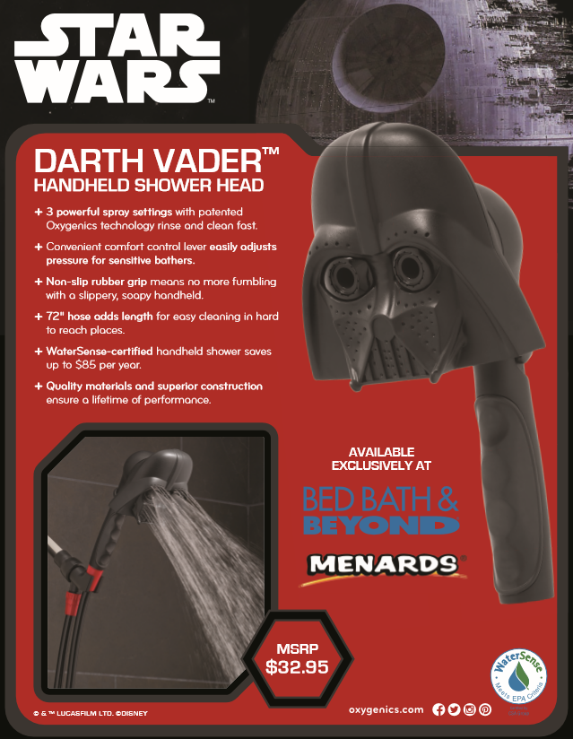 Star Wars Force Awakens Darth Vader Handheld Shower Head Kit 3 Spray Settings 