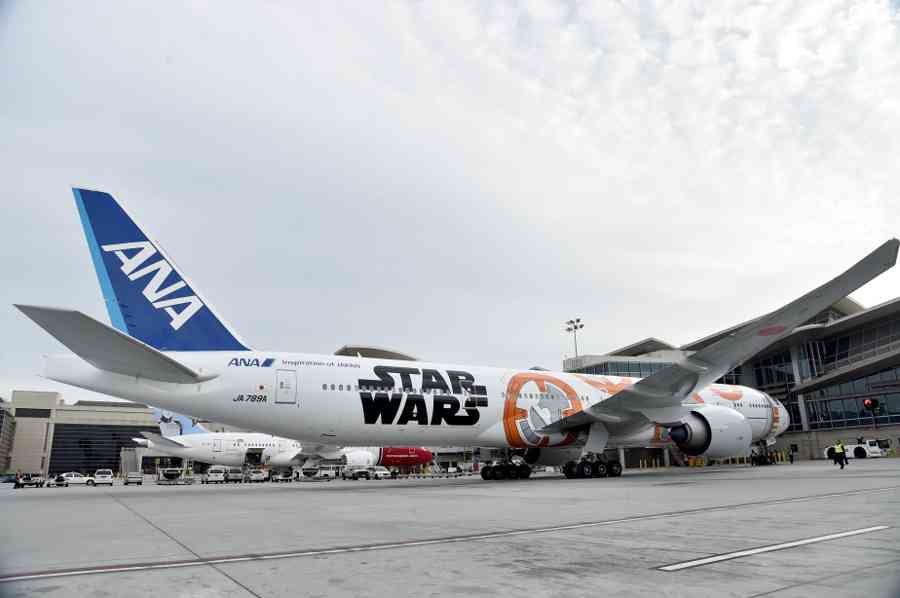 ANA's BB-8 Themed Jet Lands In Los Angeles For STAR WARS: THE FORCE AWAKENS on March 28, 2016 in Los Angeles, California.