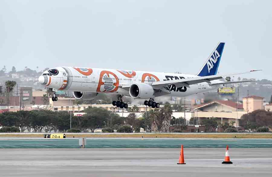 ANA's BB-8 Themed Jet Lands In Los Angeles For STAR WARS: THE FORCE AWAKENS on March 28, 2016 in Los Angeles, California.
