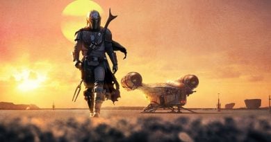 The Mandalorian walking in front of the sunset