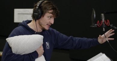 Pedro Pascal in the recording booth for The Mandalorian
