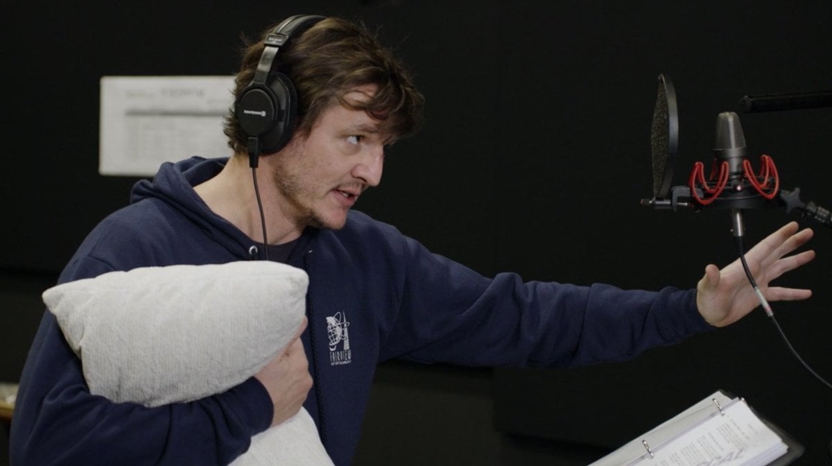 Pedro Pascal in the recording booth for The Mandalorian