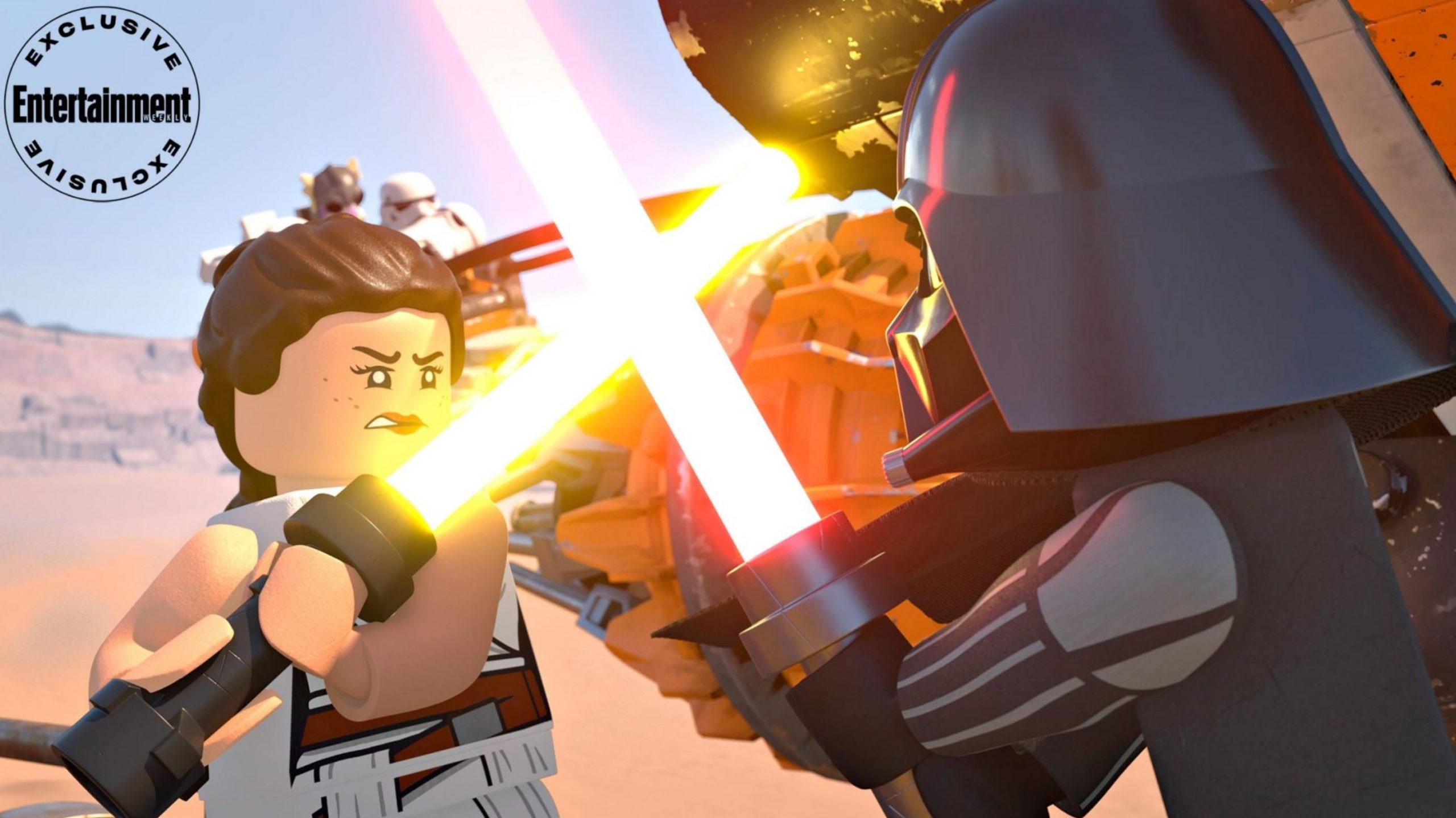 Rey fights Darth Vader in the Lego Star Wars Holiday Special