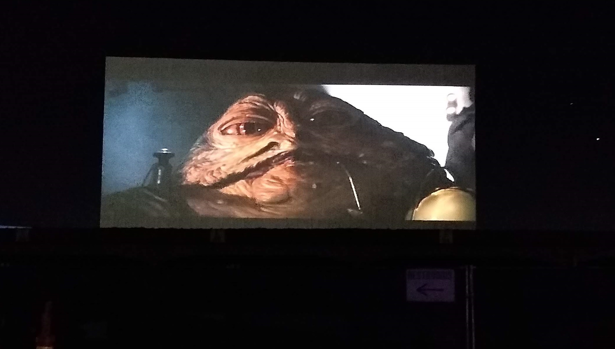 A close up of Jabba the Hutt at Return of the Jedi drive in.