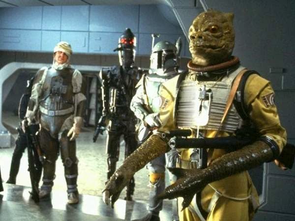 Bossk and bounty hunters in Star Wars The Empire Strikes Back. Bossk suit prop and IG-88 head prop.