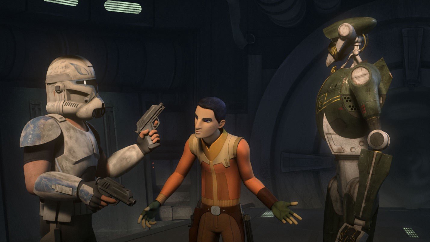 Ezra negotiates with Rex and the droid leader in Star Wars Rebels