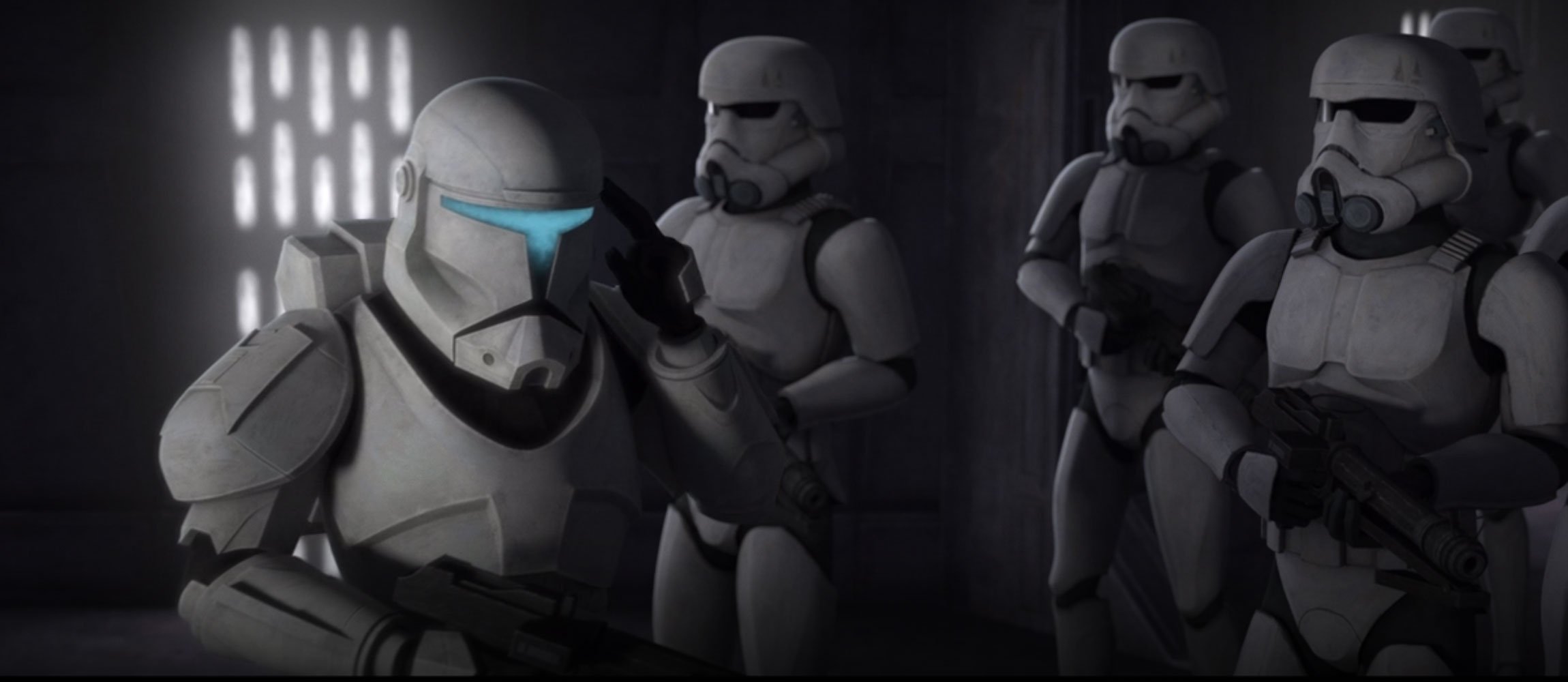 Clone commando leading stormtroopers in The Bad Batch