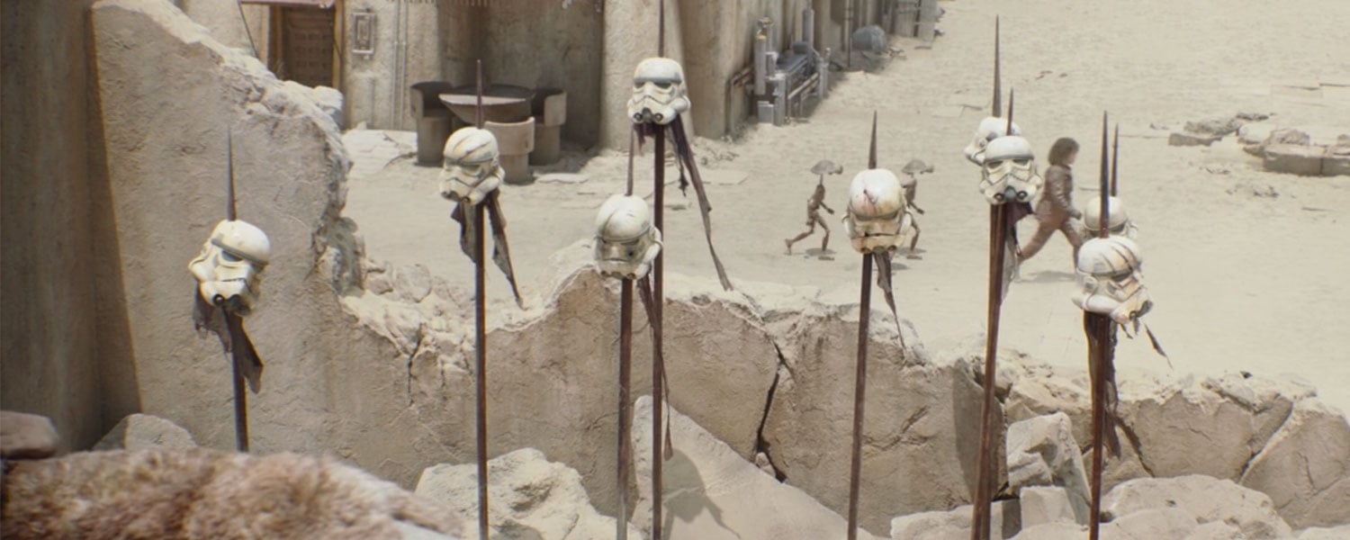 Stormtrooper helmets on spikes in The Book of Boba Fett