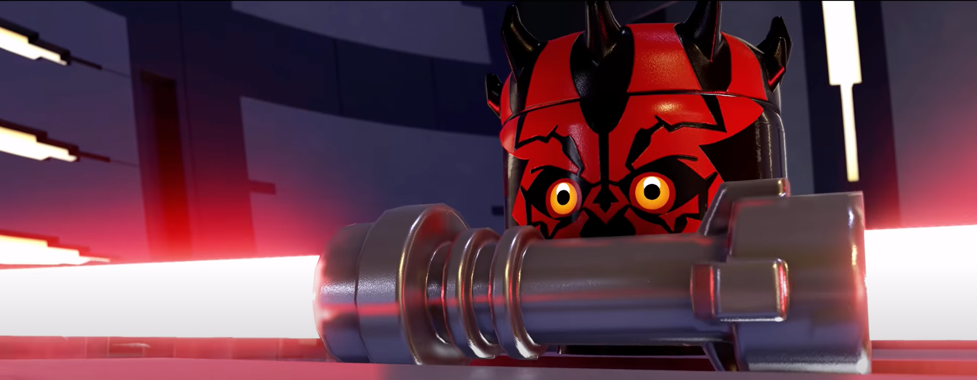 Maul's decapitated head holding lightsaber with his teeth