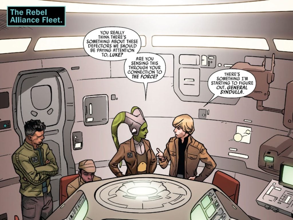 Grek, Hera, and Luke Skywalker talking in Star Wars #28