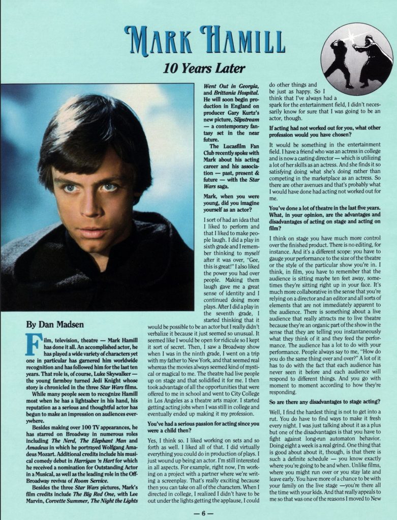 Mark Hamill Interview (1988) from the 'Lucasfilm Fan Club' Issue #3 – 10  Years Later - Star Wars News Net