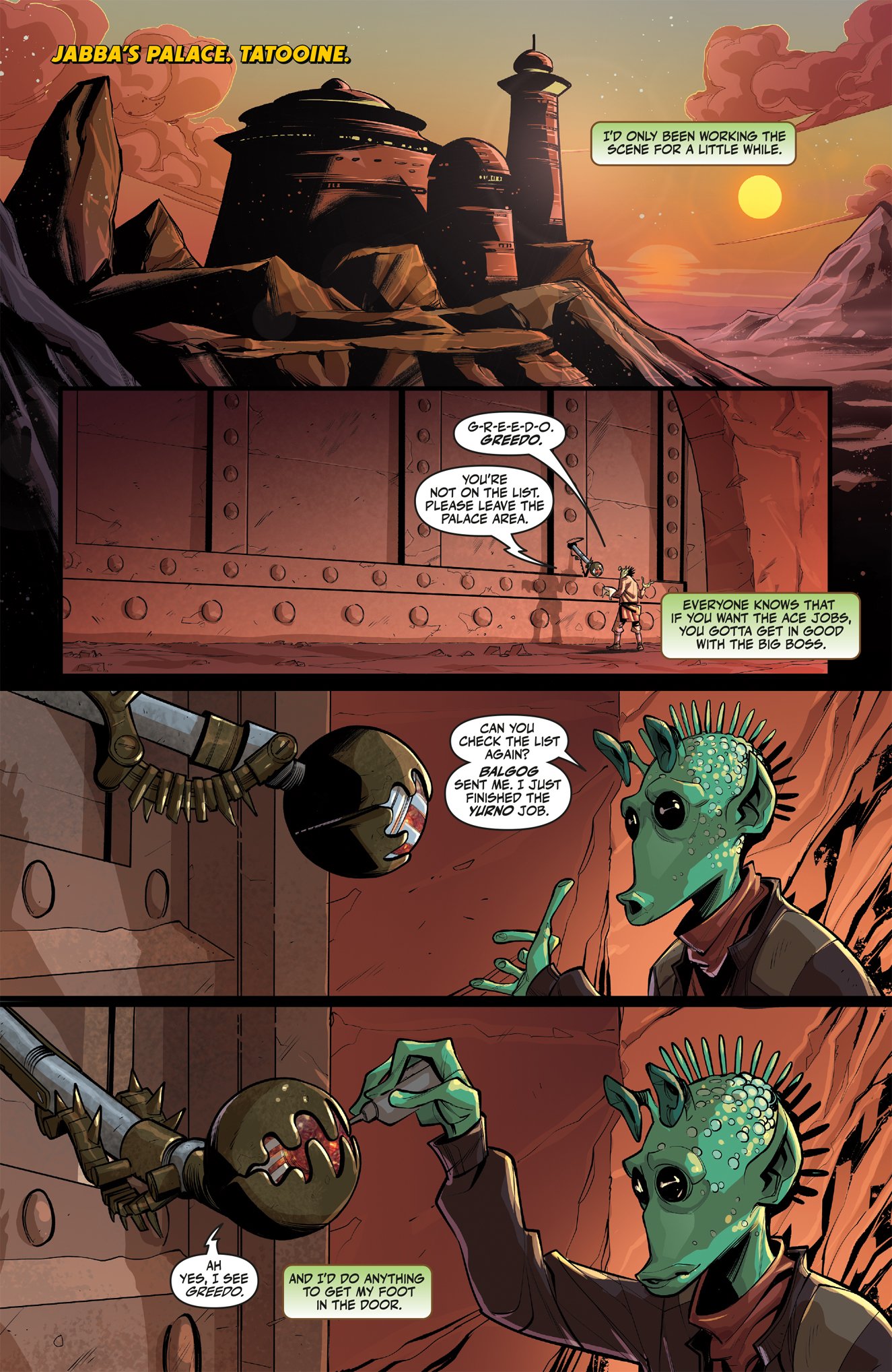 Hyperspace Stories Issue 6 Page 1 - Greedo arrives at Jabba's Palace