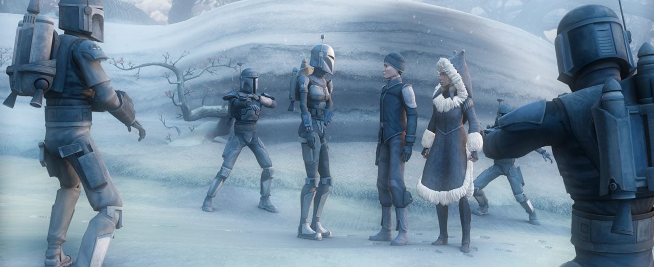 Ahsoka and Lux Bonteri are greeted by Death Watch