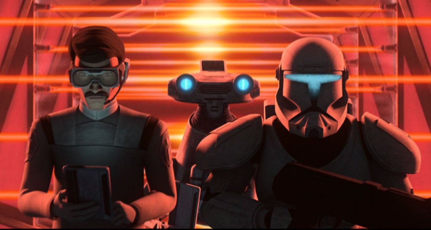 Clone commando escorts scientist and droid inside The Vault in The Bad Batch