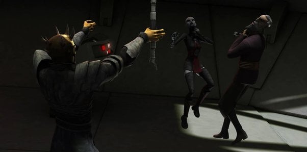 Savage Opress chokes Asajj Ventress and Count Dooku