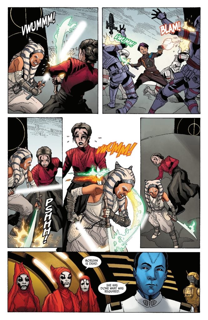 Ahsoka fights Morgan while Sabine fights night troopers