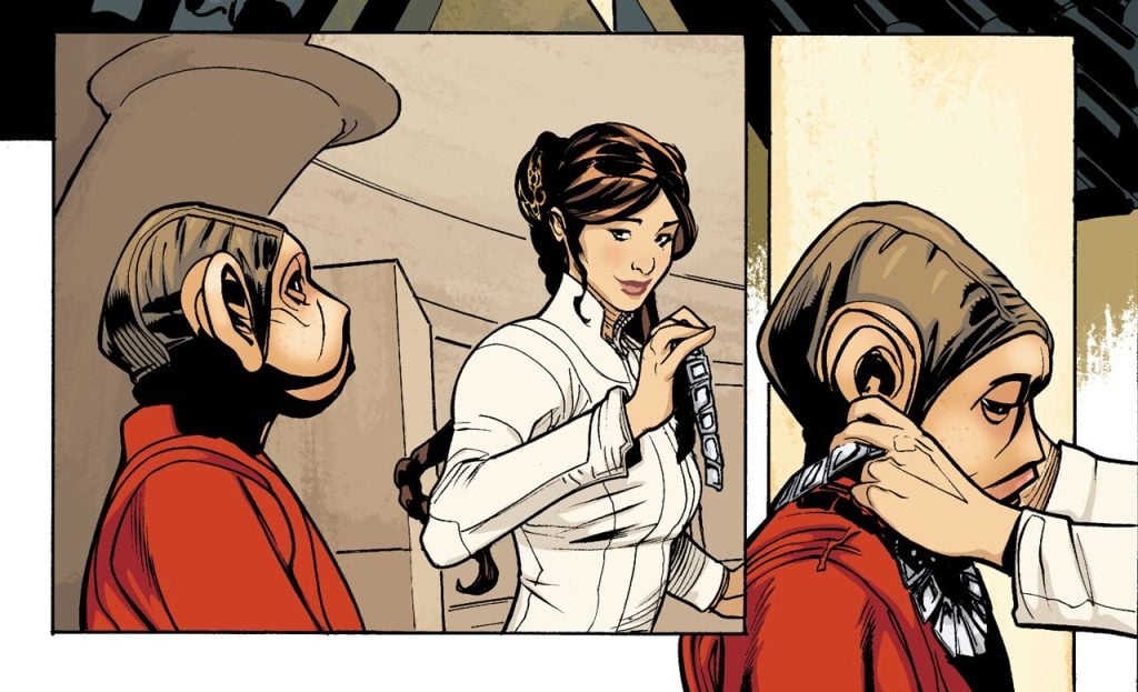 Princess Leia awards Nien Nunb with an Alderaanian heirloom