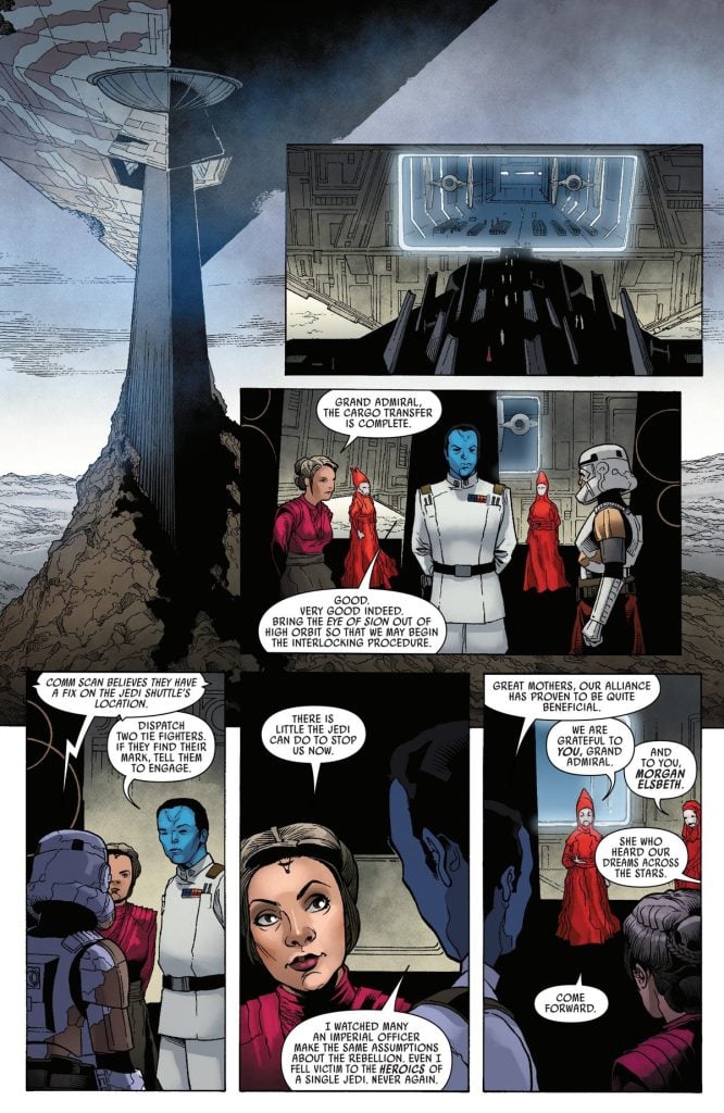 Thrawn speaks with Morgan Elsbeth and his right-hand man