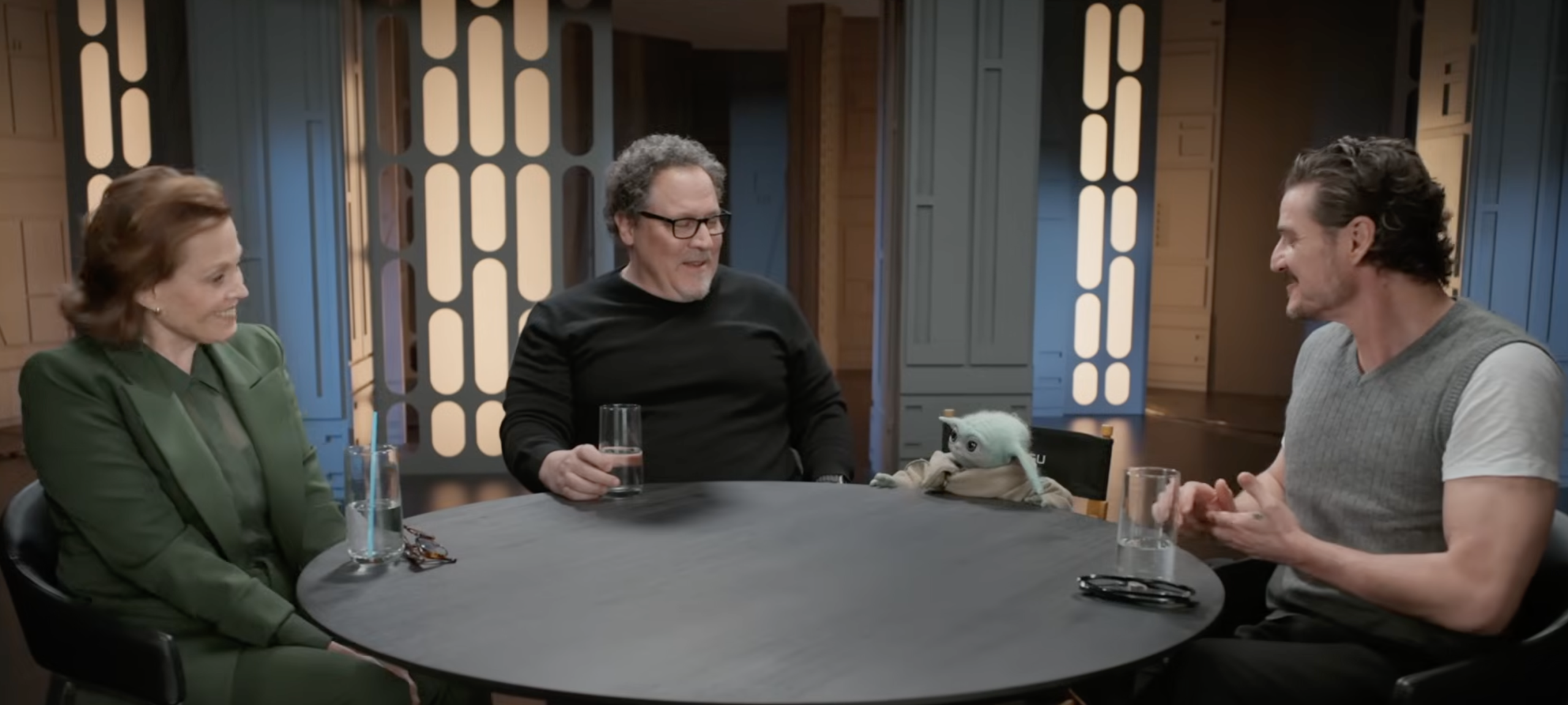 Grogu Joins a Roundtable for 'The Mandalorian and Grogu' with Pedro Pascal, Jon Favreau and Sigourney Weaver
