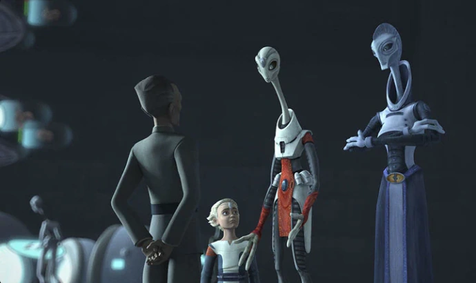 Tarkin taler med Nala Se og Lama Su foran Omega